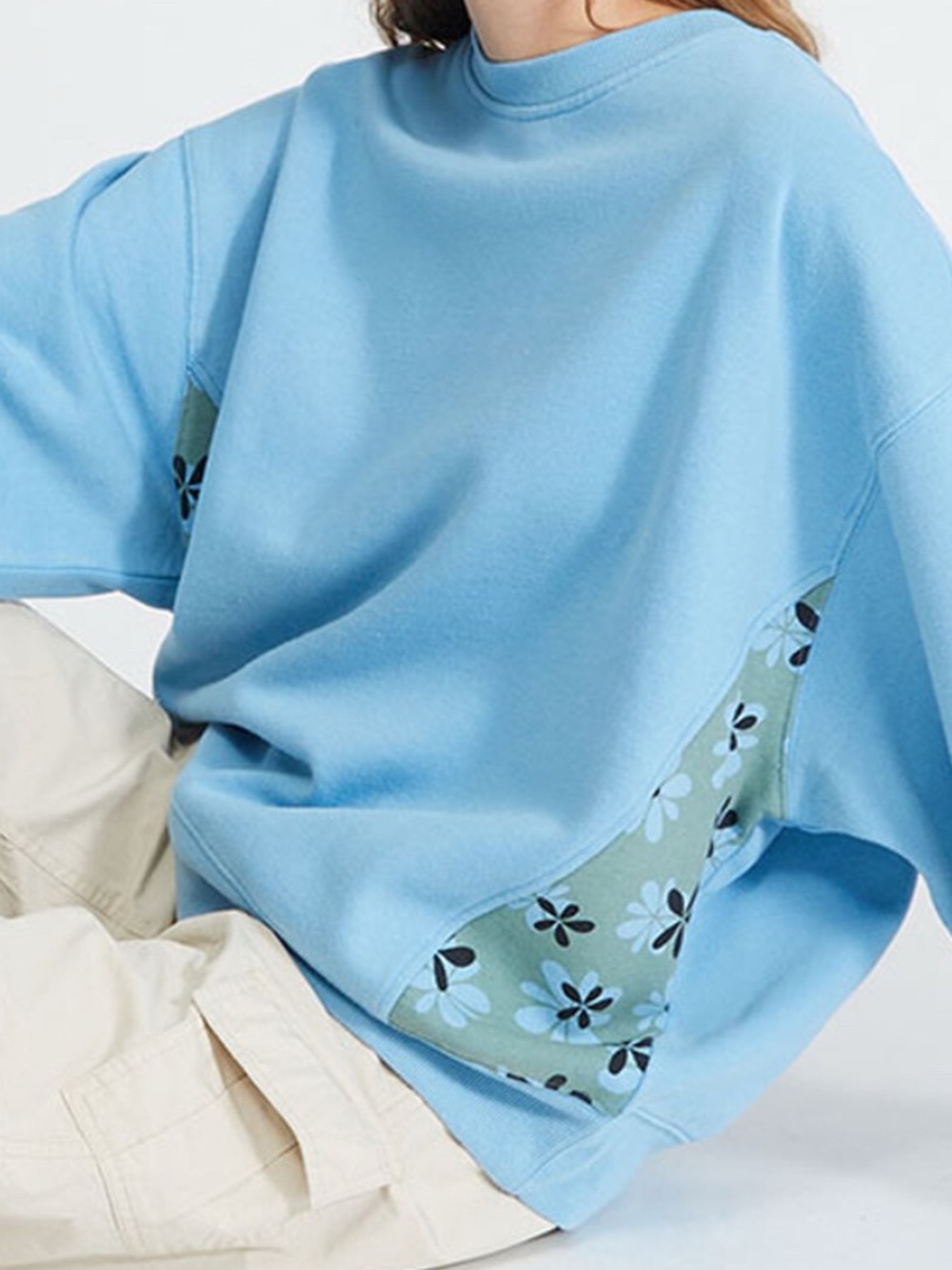 PacSun Light Blue Crewneck Sweatshirt with Green Floral Panels